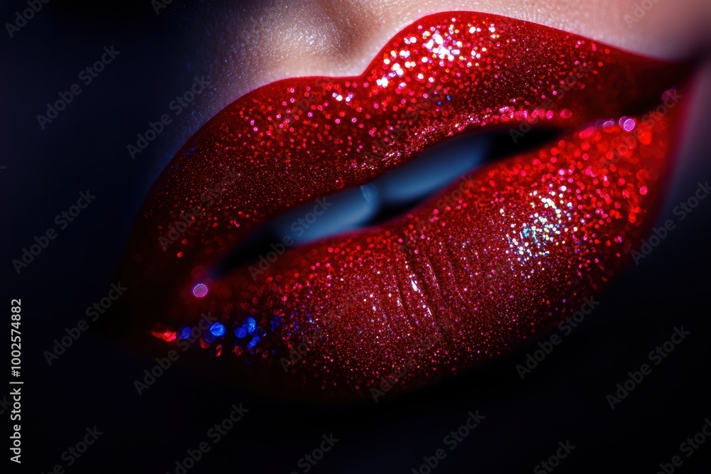 Poster close-up of glossy, vibrant lips with a shiny finish reflecting light in a dramatic setting. generat
