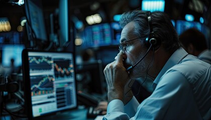 A stock broker in a dimly lit trading floor making urgent calls, dealing with fluctuating stocks.