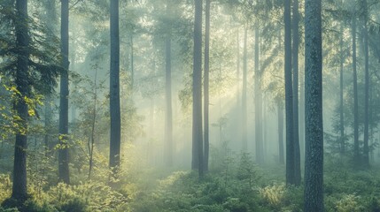 Fototapeta premium Foggy Forest with Tall Trees and Soft Light Filtering