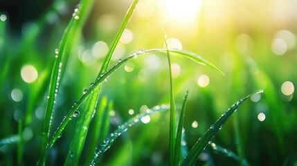 Fototapeta premium Morning Dewdrops on Lush Green Grass