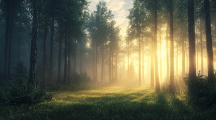 Obraz premium A foggy forest at dawn, with soft rays of sunlight barely filtering through the mist