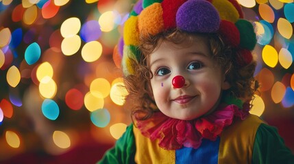 Fototapeta premium Cheerful young clown with a colorful hat and red nose amid festive bokeh lights.