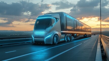 autonomous truck with artificial intelligence driving over a river bridge, representing the future of self-driving transportation and AI-powered cargo delivery, innovation in logistics