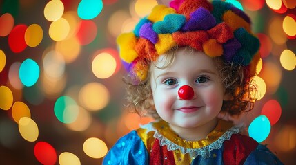 Fototapeta premium Cheerful young clown with a colorful hat and red nose amid festive bokeh lights.