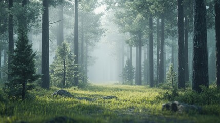 Fototapeta premium A foggy morning in a serene forest, with faint sunlight softly filtering through the mist
