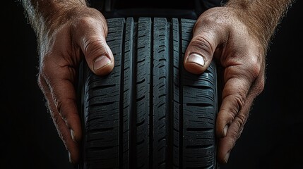 close-up of mechanic hands holding a new tire in the shop, highlighting tire replacement for winter and summer seasons, automotive service, vehicle safety, and professional workshop expertise