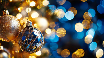 A backdrop of blue and gold abstract patterns with bokeh lights on New Year's Eve.