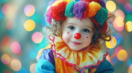 Fototapeta premium Cheerful young clown with a colorful hat and red nose amid festive bokeh lights.