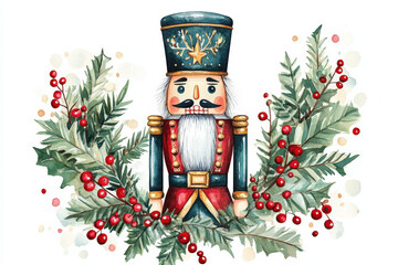 Watercolor christmas card featuring a nutcracker surrounded by holly berries and pine branches