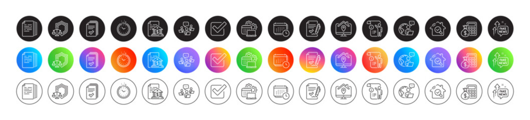 Approved agreement, Handout and Outsource work line icons. Round icon gradient buttons. Pack of Software, Work home, Copy documents icon. Inspect, Calendar, Finance calculator pictogram. Vector