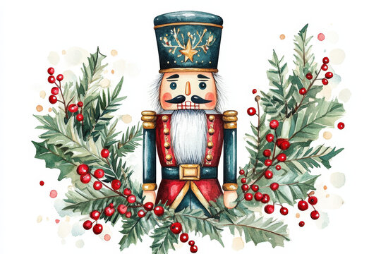 Watercolor christmas card featuring a nutcracker surrounded by holly berries and pine branches