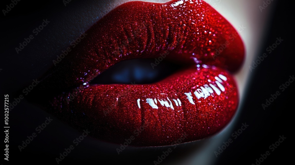 Poster glossy, vibrant close-up of shiny lips highlighting a bold look during a nighttime beauty routine. g