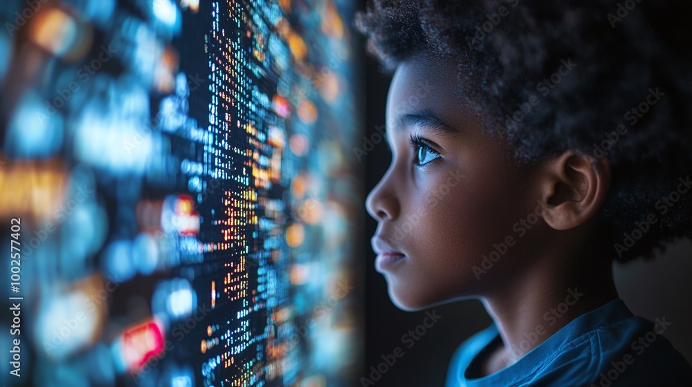 Poster inclusive education concept with a black pupil learning it and ai coding, mastering cybersecurity th