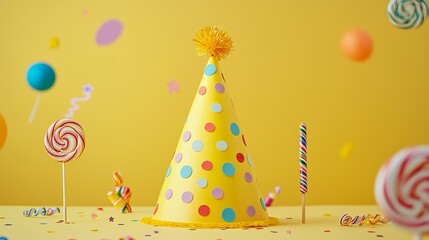 Obraz premium Colorful party items like a polka-dotted hat, ribbons, and candies on a bright yellow background.