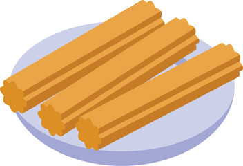 Three churros are lying on a plate, ready to be eaten