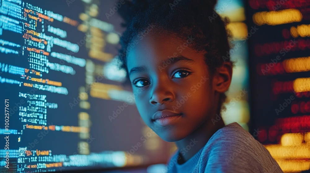 Poster inclusive education concept with a black pupil learning it and ai coding, mastering cybersecurity th