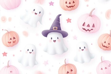 Fototapeta premium A whimsical Halloween pattern featuring cute ghosts and smiling pumpkins, perfect for festive designs and seasonal decor.