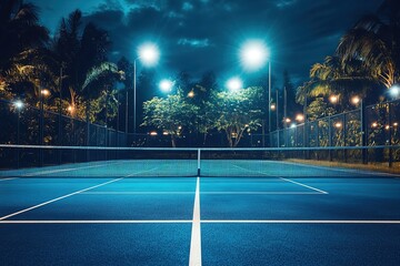 Illuminated tennis court at night with tropical trees
