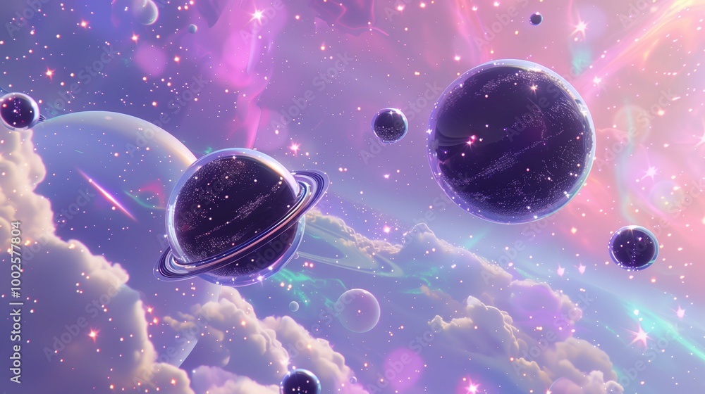 Poster planets and distant stars in undiscovered galaxy 3d rendering image. space research abstract scene b