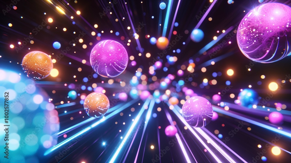 Poster fast motion through deep space with neon planets 3d rendering image. futuristic cosmos scene with dy