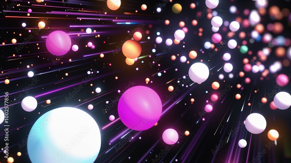 Poster bright balls flying fast through black space 3d rendering image. neon planets in cosmos dynamic scen