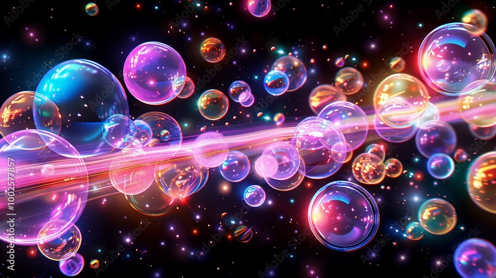 Aufkleber bubbles and light rays in space 3d rendering image. surreal scene with air balloons in cosmos backgr