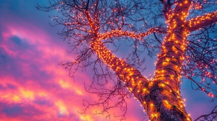 A tree lit with festive lights against a stunning Christmas sunset, blending nature with the holiday spirit in a vibrant,