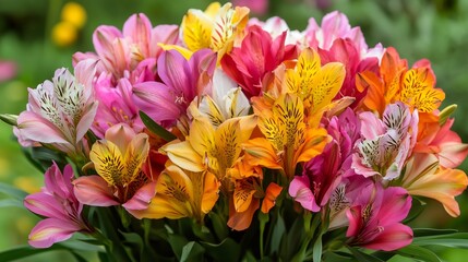 A vibrant bouquet of alstroemeria flowers featuring pink, yellow, and orange hues displayed in a lush garden setting during springtime