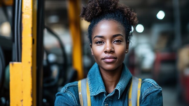 african american woman forklift driver in a factory warehouse, breaking gender stereotypes by working in a masculine job, highlighting empowerment and equality, celebrating international women's day