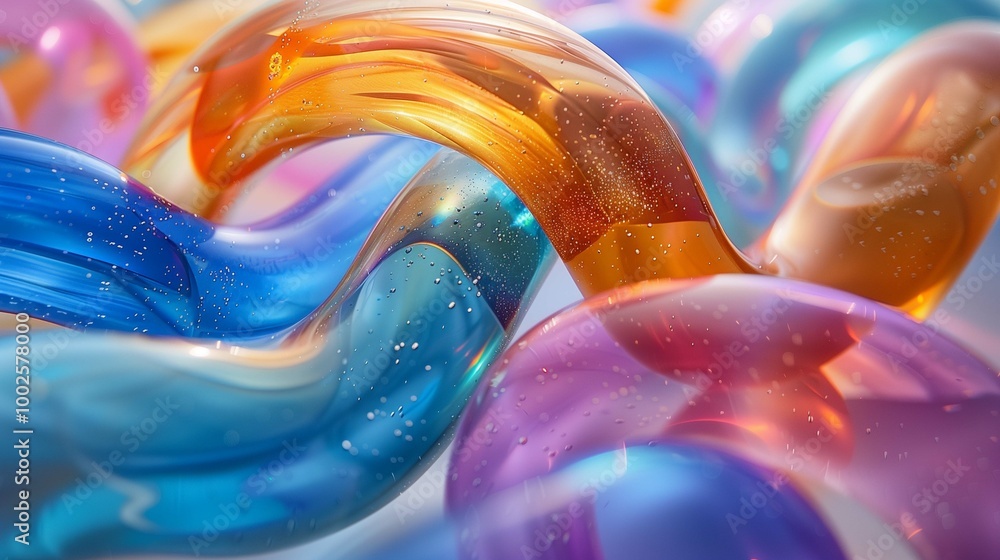 Poster abstract ornament of multicolor plastic spirals 3d rendering image. craft glass items with smooth te