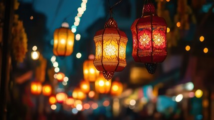 Colorful Lanterns Illuminate Street During Diwali Night
