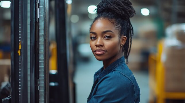 african american woman forklift driver in a factory warehouse, breaking gender stereotypes by working in a masculine job, highlighting empowerment and equality, celebrating international women's day