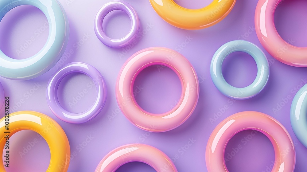 Poster shiny smoothy plastic rings top view 3d rendering image. abstract geometric ornament with round shap