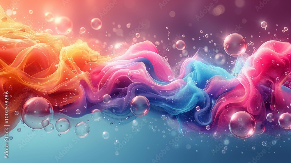 Poster multicolor fluid flow with air bubbles 3d rendering image. abstract ornament with swirling wave back