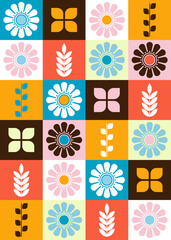 Retro Floral Colorful Block Pattern 