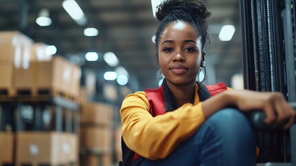 african american woman forklift driver in a factory warehouse, breaking gender stereotypes by working in a masculine job, highlighting empowerment and equality, celebrating international women's day