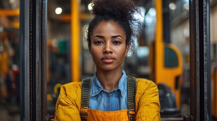 african american woman forklift driver in a factory warehouse, breaking gender stereotypes by working in a masculine job, highlighting empowerment and equality, celebrating international women's day