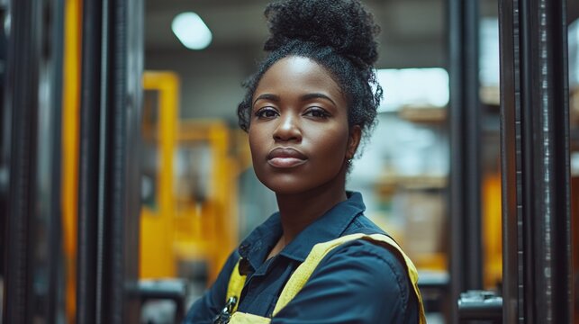 african american woman forklift driver in a factory warehouse, breaking gender stereotypes by working in a masculine job, highlighting empowerment and equality, celebrating international women's day - Powered by Adobe