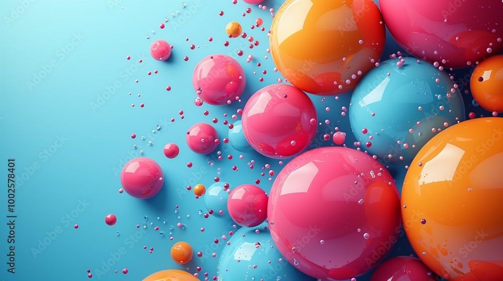 Poster glossy plastic balls and falling drops 3d rendering image. round geometric shapes composition on blu