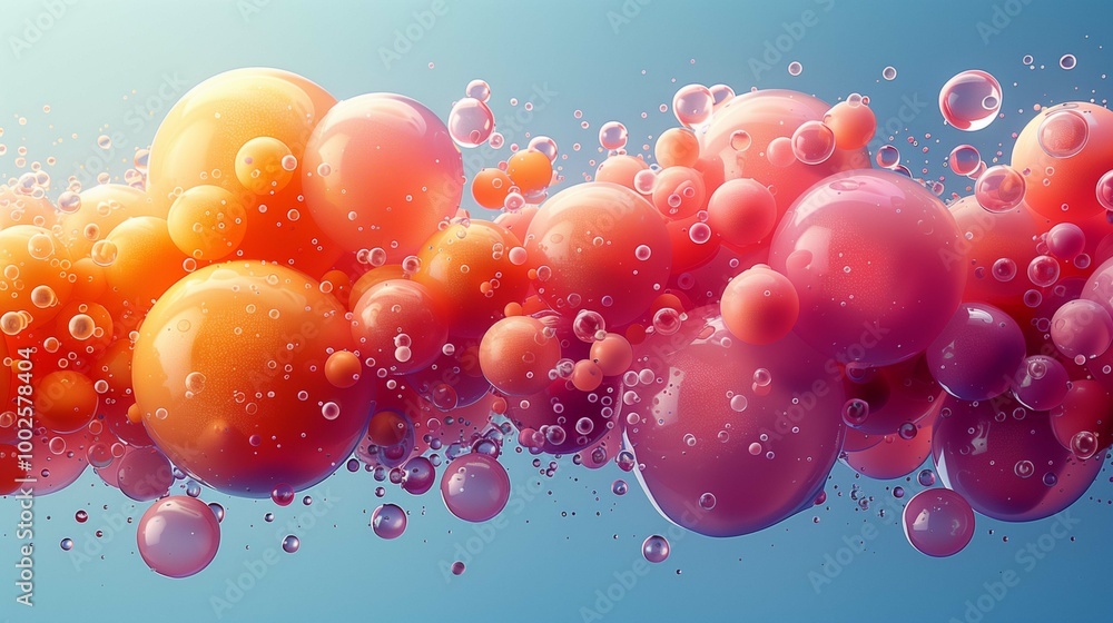 Poster dynamic gradient bubbly flow with drops 3d rendering image. abstract design with glossy spheres back