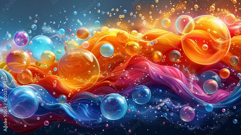 Poster clear air bubbles in swirling paint fluids 3d rendering image. surreal pigments splashing with glass