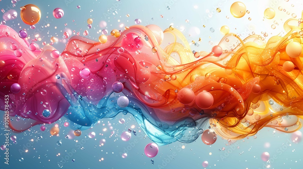Poster explosion of fluid paint with air bubbles 3d rendering image. swirling gradient flow with drops back