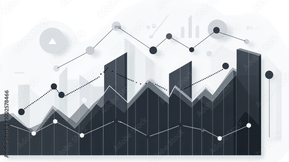 Wall mural minimalist infographic showing business growth with an ascending line chart. black, white, and gray 