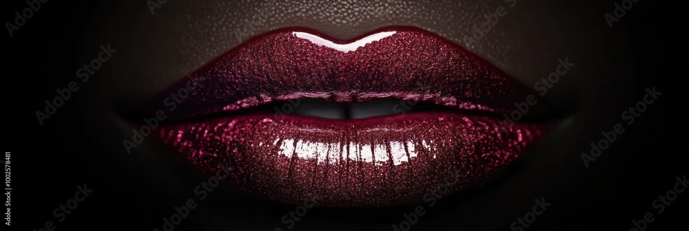 Poster close-up of glossy lips showcasing a vibrant shiny finish against a dark background for a striking b