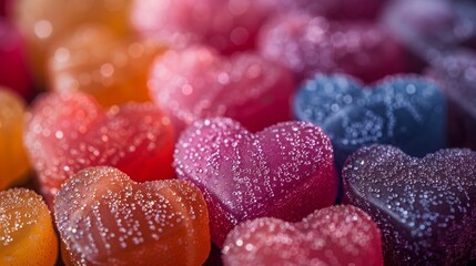 Delicious jelly heart shaped candies closeup image. Romantic date sugar treats collection close up photography. Celebrating valentine day with bonbons concept photo realistic