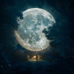 Fototapeta premium Giant Glowing Moon Illuminates Mystical Cosmic Garden Landscape in Enchanting Nighttime Scene