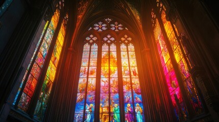 A vibrant stained glass window in a Gothic cathedral, depicting religious figures in radiant colors,