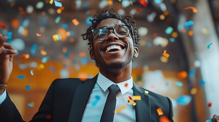 office party celebration with a young black business man dancing under confetti, celebrating success, teamwork, company goals, and yearly achievements in a fun and festive corporate environment