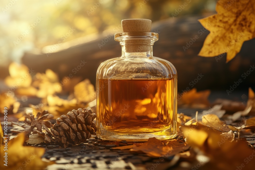 Poster a close-up view of a whiskey bottle surrounded by autumn leaves in a serene outdoor setting during g