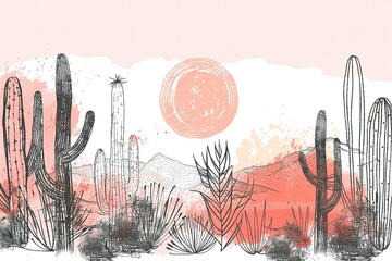 Arizona vector artwork, Seamless pattern vector summer cactus on desert mix with beautiful blooming succulents flower for fashion fabric and all prints on pink background.